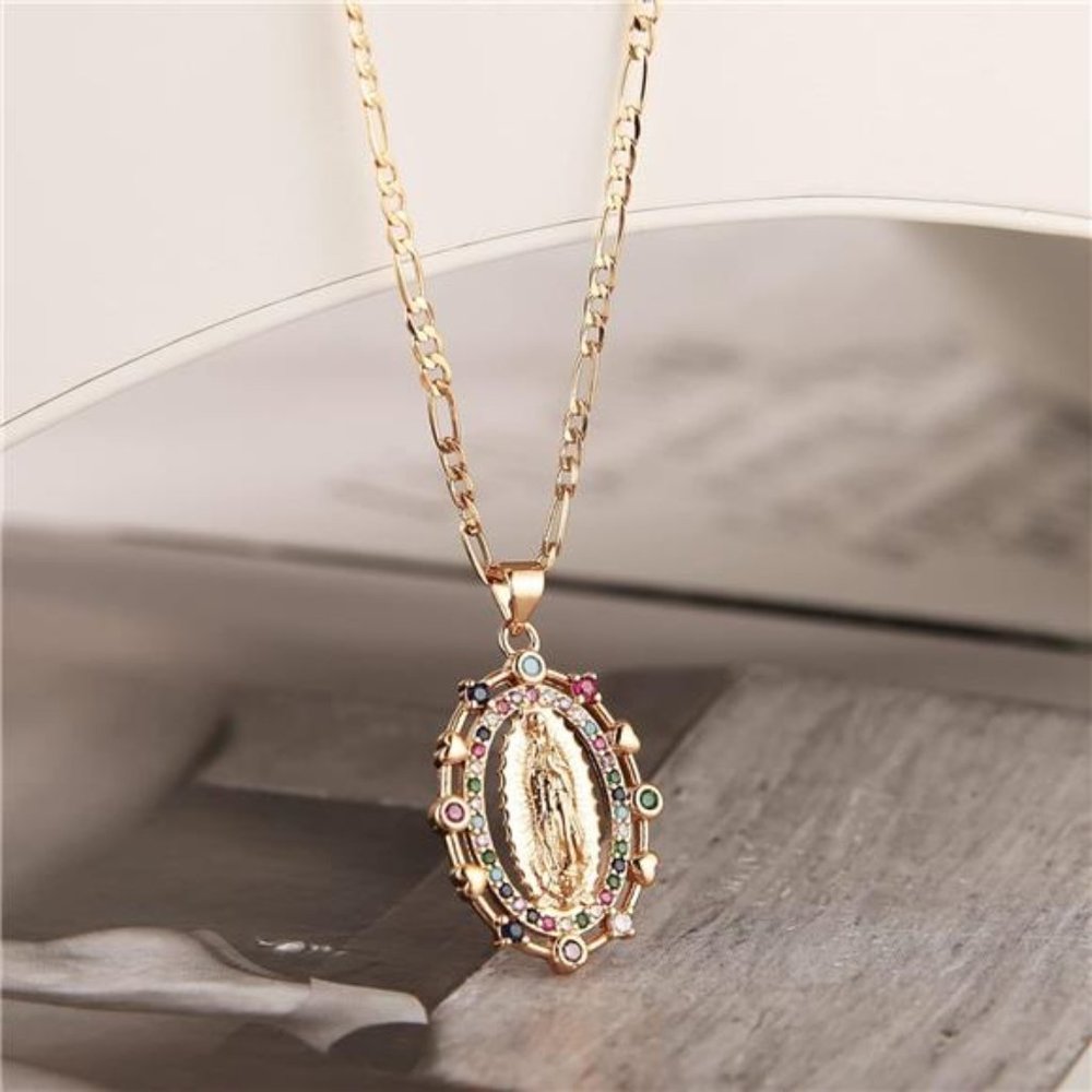 14K Gold Plated Virgin Mary Prayer Necklace Our Lady of Amulet Pendant 17 Inch
